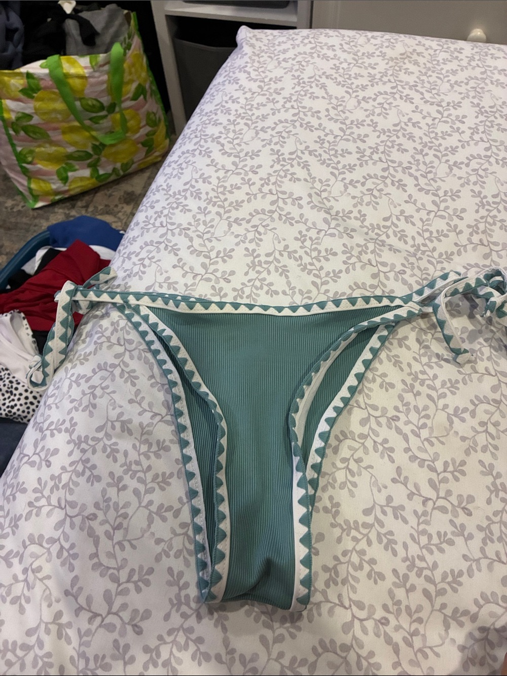 SHEIN Teal Ribbed Triangle Tie-Side Bikini Bottom with White Trim